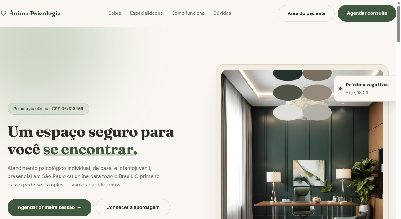 Ânima Psicologia — site para consultório psicológico com agendamento